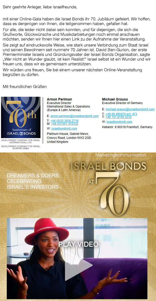 Video for ISRAEL BONDS 70th Anniversary Gala on 25 March 2021