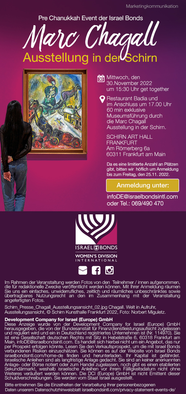Israel Bonds - Marc Chagall Ausstellung in der Schirn — Mittwoch, den 30.November 2022
